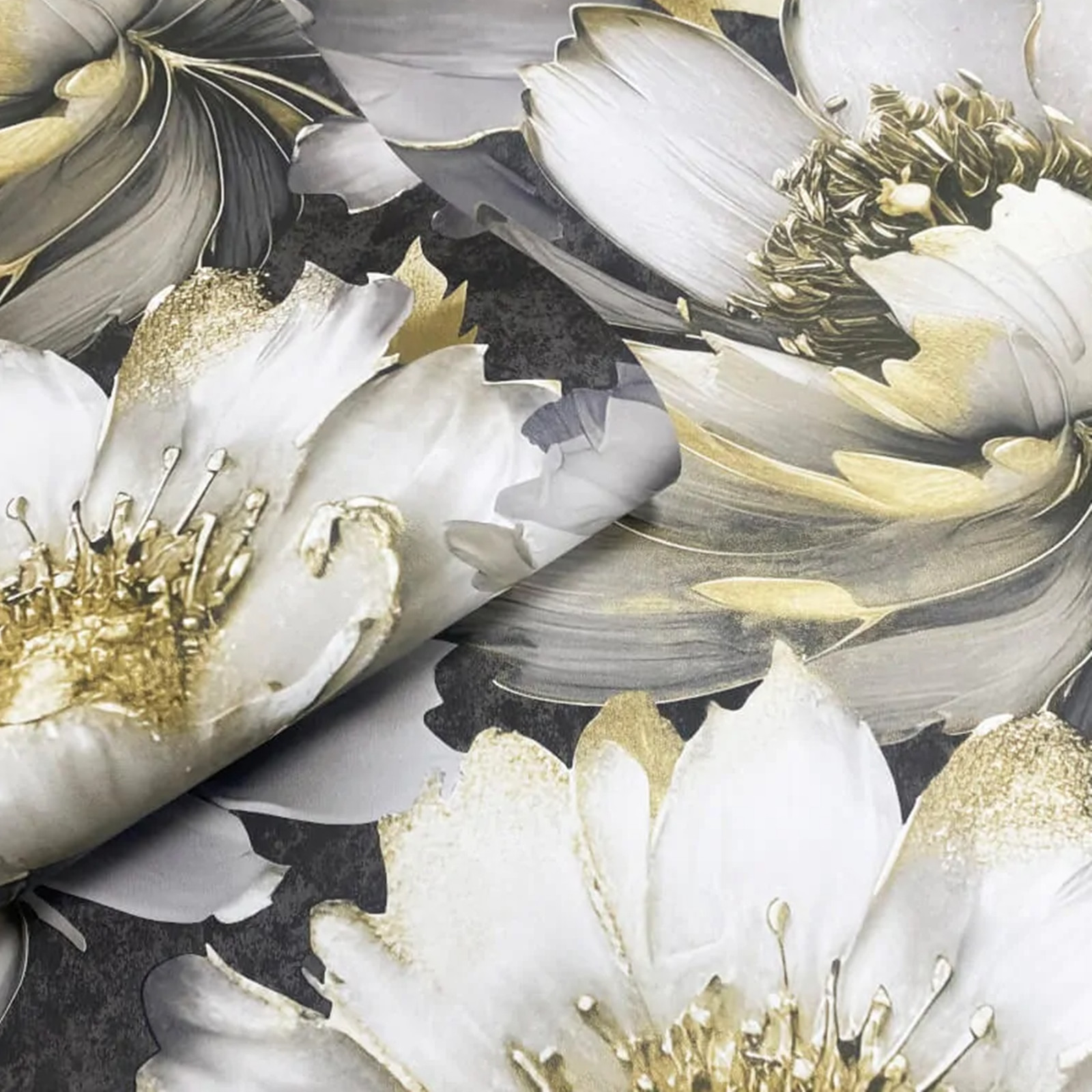 Charcoal Gold Floral Wallpaper 3D Effect Metallic Shimmer Feature Wall Lounge