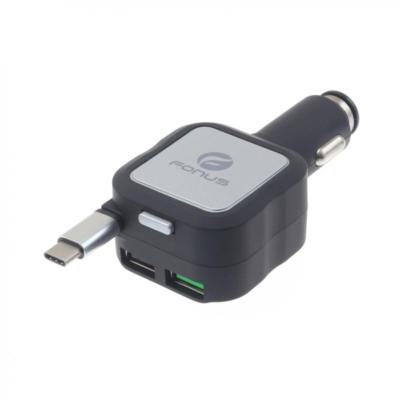 42W 4.8A RETRACTABLE CABLE TYPE-C CAR CHARGER 2-PORT w QUICK CHARGE QC USB PORT