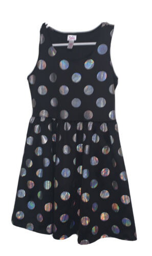 Justice Girls Sleeveless Dress Sz 12 Black W/ Holographic Polka Dots