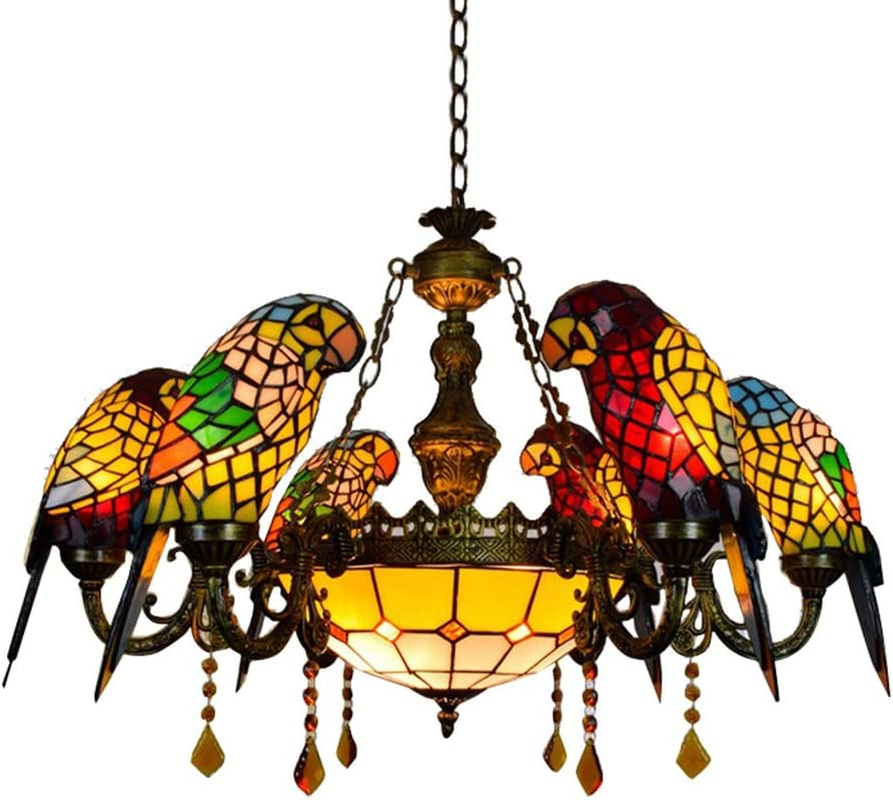 6 Heads Pendant Lighting Parrot Tiffany Crystal Chandeliers Stained Glass LED Ce