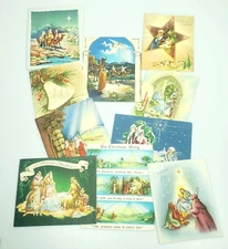 Vintage Religious Christmas Cards  Die Cut Metallic Nativity Lot of 10 Used 50s
