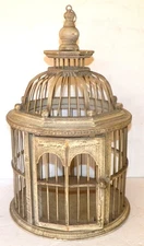 Vintage Decorative Victorian Style Wooden Bird Cage-Off White Distressed 15.5"