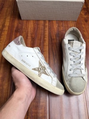 Golden Goose Superstar White Beige Pink Gold Star Glitter Sneaker Size 39GG 9US