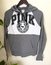 Victoria's Secret PINK Gray/White Colorblock Pullover Hoodie Logo Pockets S