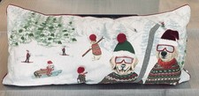 Lumbar Pillow Tapestry Skiing Dogs Winter Lodge Scene Plaid Back 30x14 Zipper