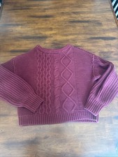 Free People Chunky Cable Knit Crop Sweater XS Mauve Plum Boxy Slouchy Stretch 52