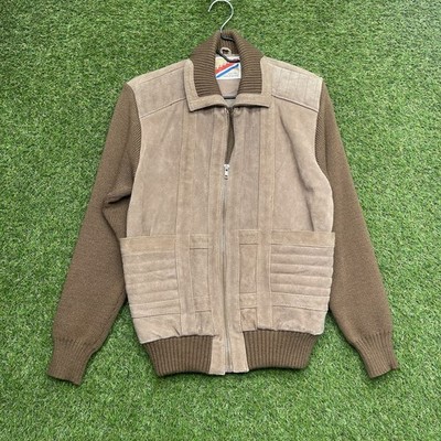 Vintage Leather Jacket Mens Medium Brown Full Zip Knit Sleeves Casual 155 East