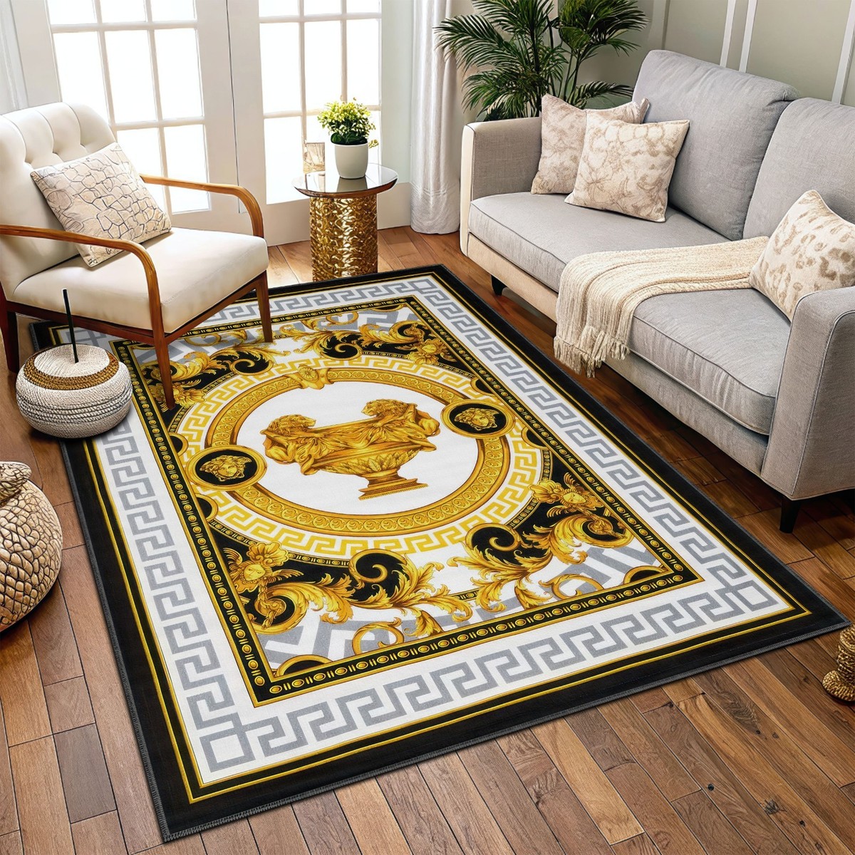 Classic Versace Area Rug, Living Room Black and Gold Carpet