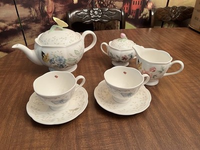 Lenox Butterfly Meadow Tea Set Teapot Creamer Sugar Cups Saucers