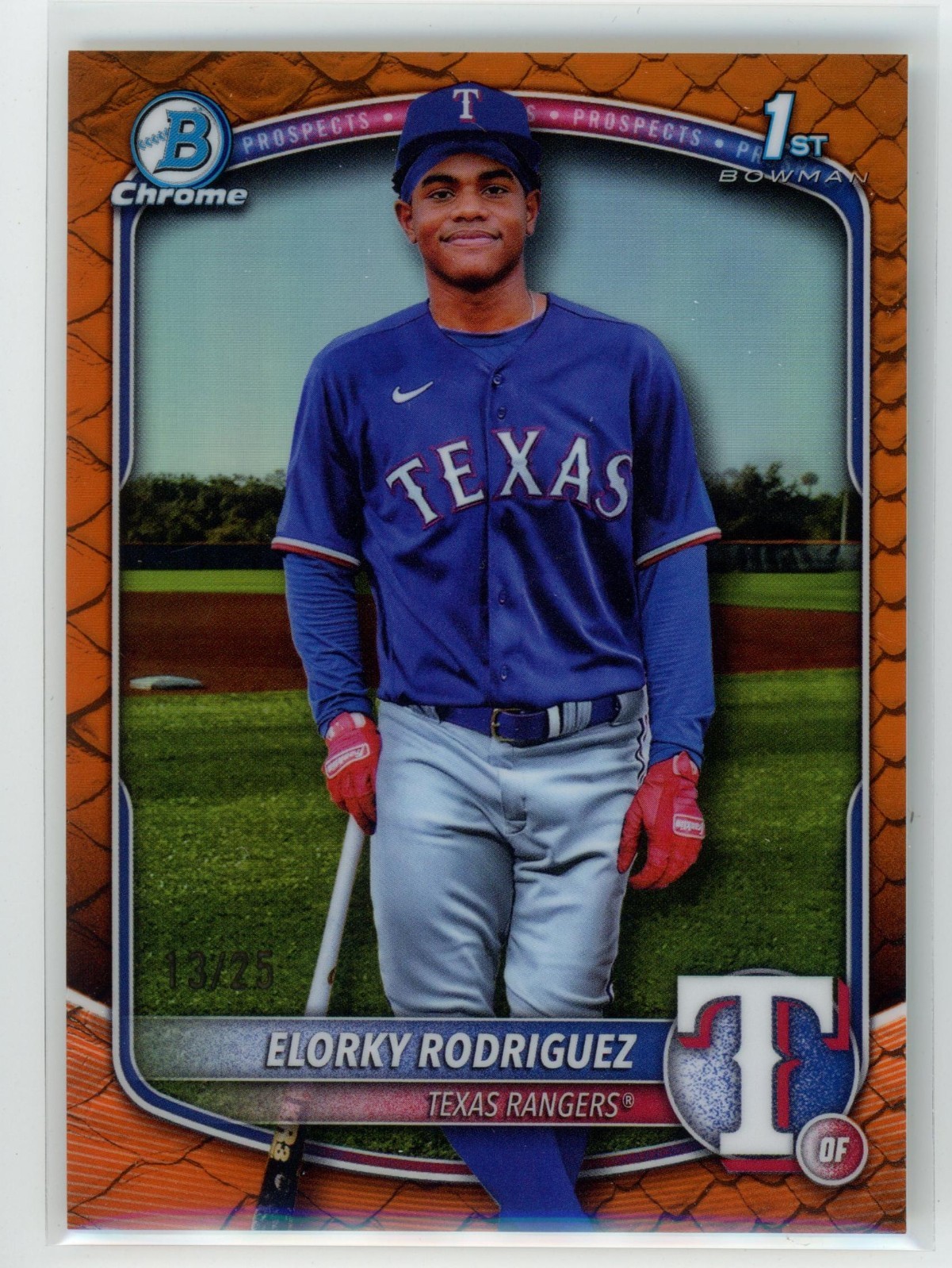 Elorky Rodriguez 2025 Bowman Chrome 1st Orange Reptilian /25 #BCP-186 Rangers