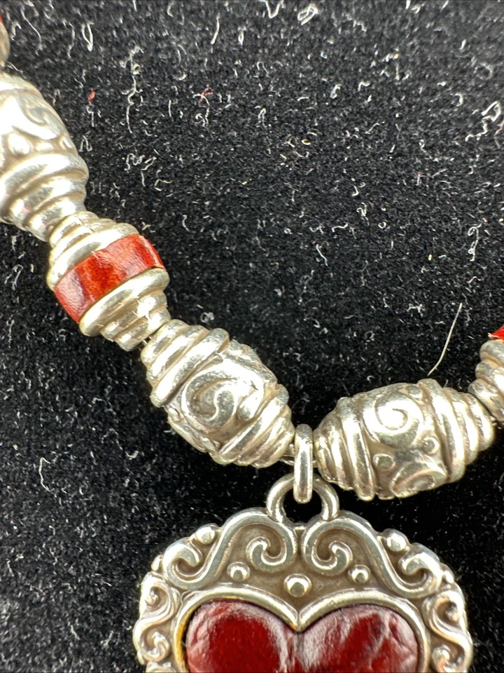 BRIGHTON PARK AVENUE HEART Red Leather Silver Reversible Pendant NECKLACE J42390 - Image 4 of 4