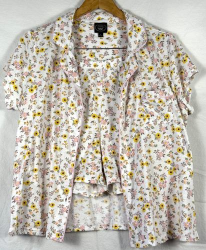 LAURA ASHLEY 2-teiliges Pyjama Shorts Set L weiche Sonnenblumen rosa Borte Knopfleiste