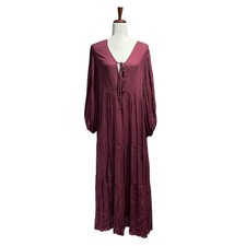 Young Fabulous & Broke "Dawn" Boho Maxi Dress Large Maroon Tiered Cottagecore