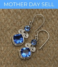 925 Silver CUSHION TANZANITE Wedding Dangle Drop Anniversary Art Deco Earrings