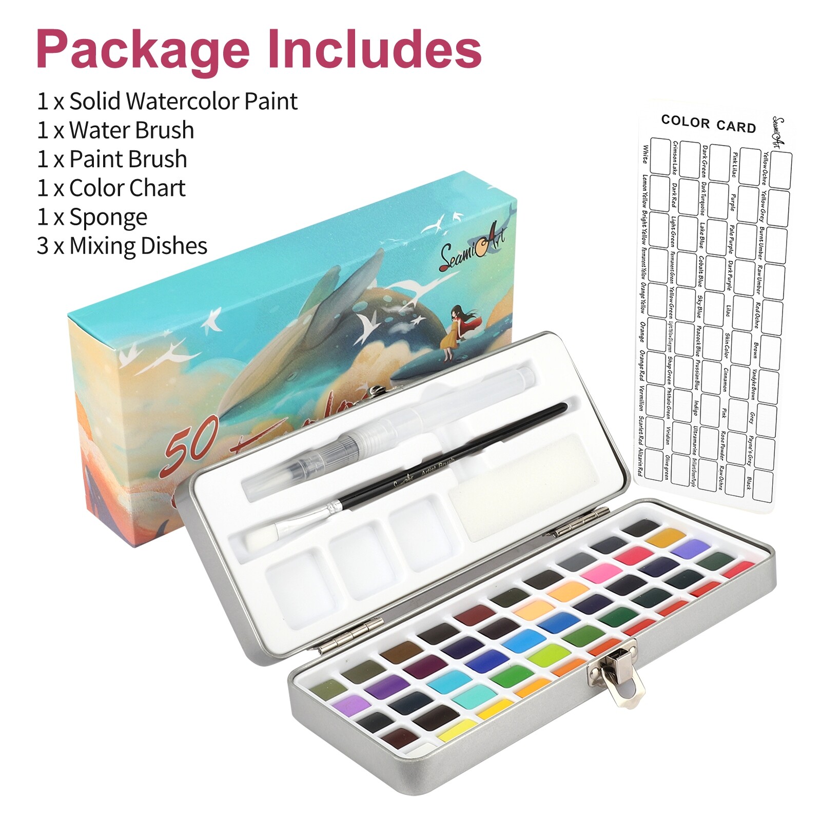 Professional 50 Colors Watercolor Paint Draw Painting + Water Brush Pigments Set