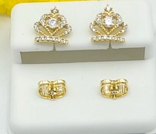 14K GOLD PLATED CROWN STUD EARRINGS GIRLS CHILDREN Oro Laminado