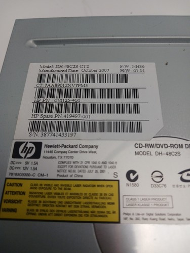 HP DH-48C2S-CT2 CD-RW Dvd-Rom Drive-R 419497-001 Silver Internal Very Good - Afbeelding 6 van 8