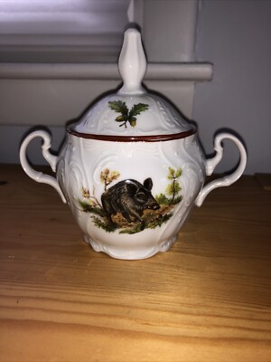 Bernadotte Wildlife Boar/Hare Porcelain Sugar Bowl Czech Republic Wear On Trim