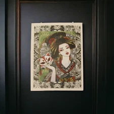 Japanese Woman Geisha Kitsune Mask Black White Green Red Sticker