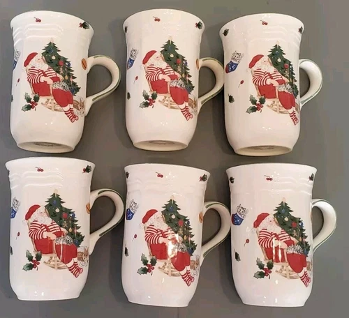 (6) MIKASA CHRISTMAS French Countryside Santa Cappuccino Mug Cup Cat Dog Grace