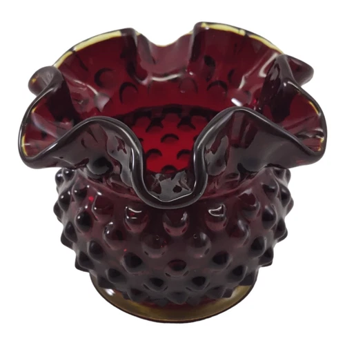 Vintage Fenton Ruby Red Hobnail Crimped Ruffled Candle Holder