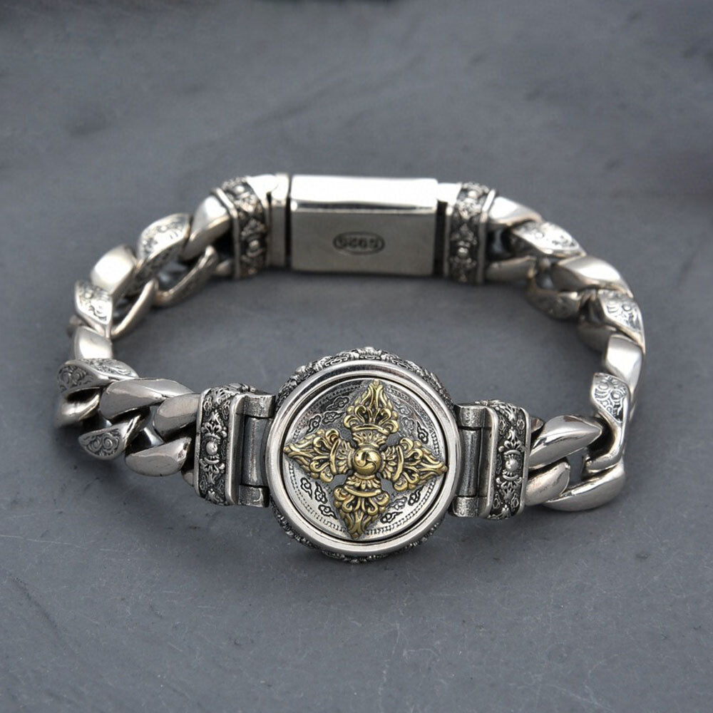 Real 925 Sterling Silver Chain Men Vajra 11mm Curb Link Bracelet