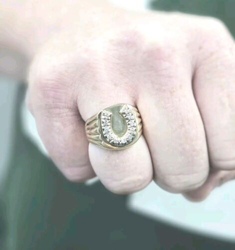 Lucky 10K Yellow Gold 1/4ctw Diamond Horseshoe Signet Ring Sz 10 Equestrian Band - Picture 9 of 11