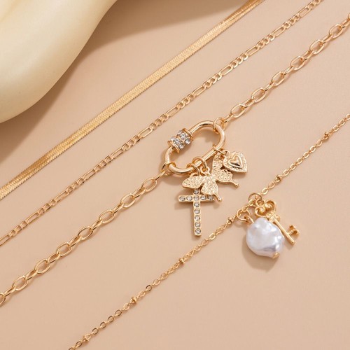 Butterfly Pendant Multilayer Necklace Pearl Metal Choker Clavicle Chain Women - Picture 10 of 14