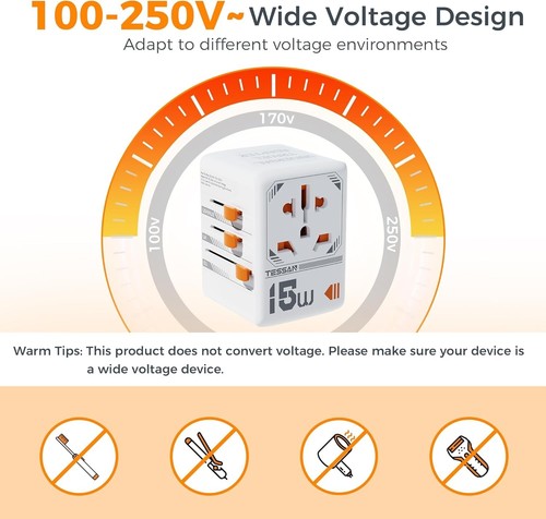 Universal Travel Adapter Worldwide, TESSAN International Plug Adaptor with 1 USB - Picture 3 of 7