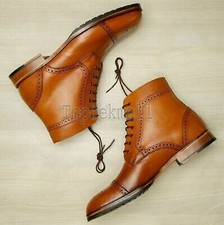 Handmade Men's Leather Tan Brogue Dress Ankle High Formal Casual Wear Boots-615