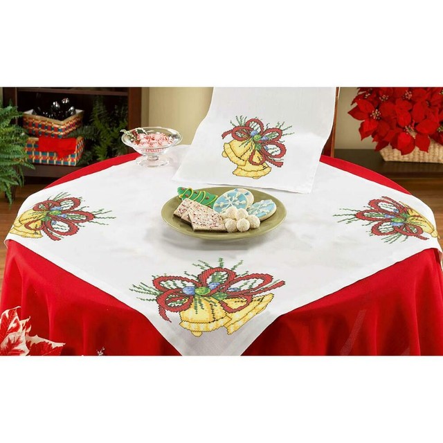HOLIDAY BELLS-Table Topper & Table Runner--Christmas-Stamped Cross