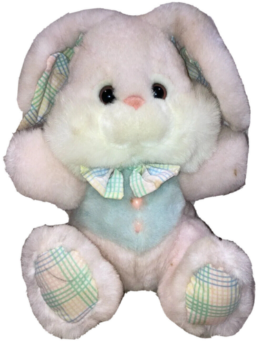 Fairview Pink Bunny Floppy Ears Plaid Pastels Bow Tie Rabbit Plush Toy 11 inches - Foto 1 di 6
