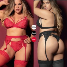 Women Plus Size Lingerie Set with Garter Belt 3 Piece Sexy Strap Bra&Panty Teddy