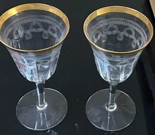 2 Vintage Tiffin-Franciscan 14196-6 Wine Water Goblet Stem Glass Etched Gold Rim