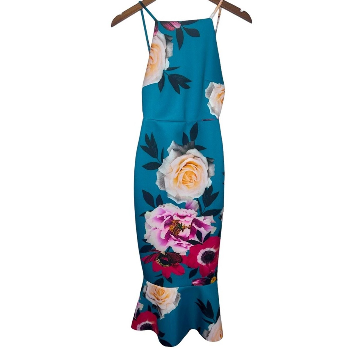 ASOS Floral Pinny Midi Dress Size 4 Teal Peplum Hem Sleeveless Backless |  eBay