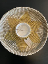Large Rattan Chip and Dip Basket-Round- Hand Woven Server Tray-Yellow Retro New