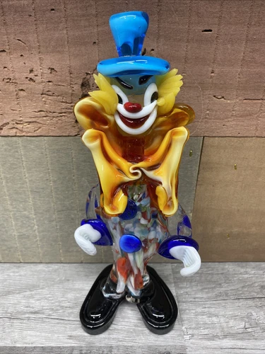 Murano Art Glass Toscany Clown Amber Bowtie Blue Hat  9” 🤡