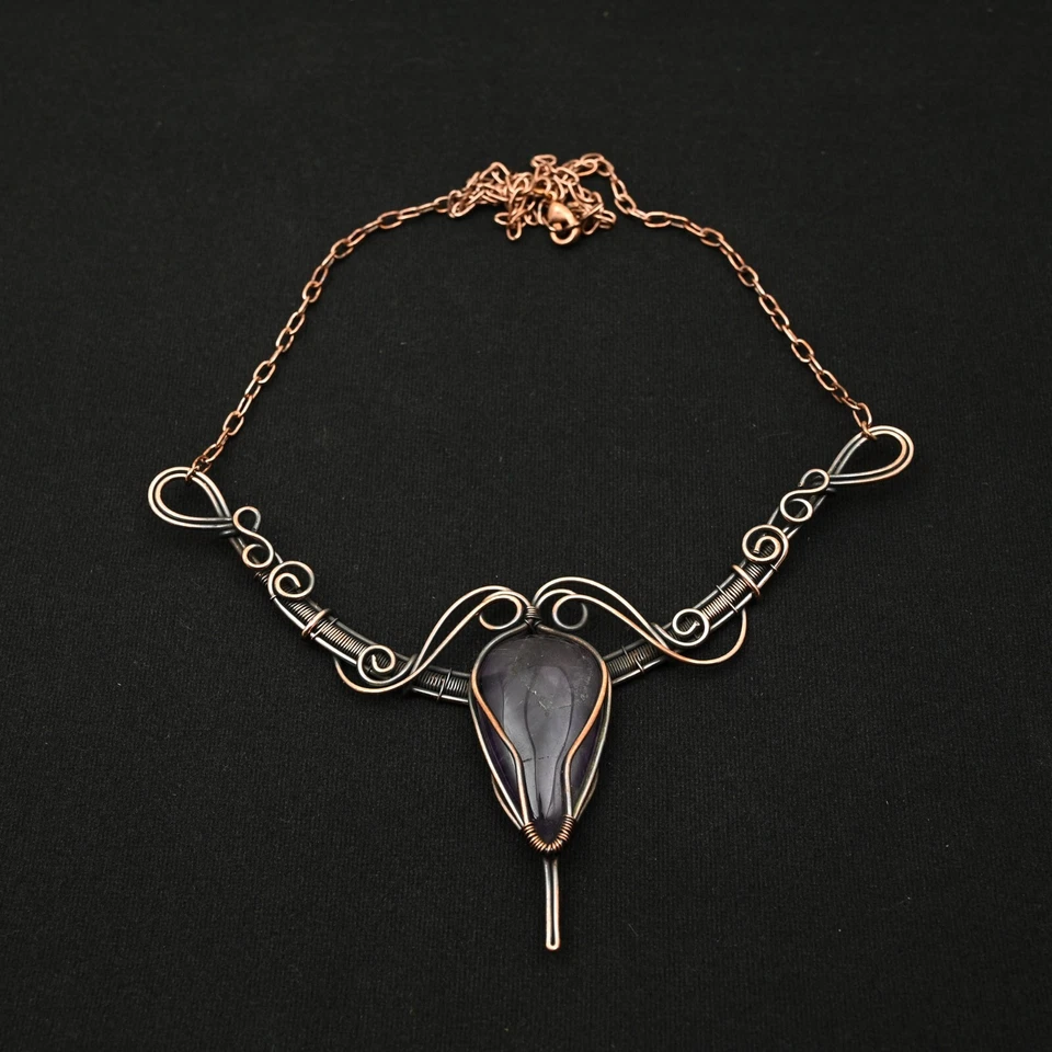Collar ajustable hecho a mano con envoltura de alambre de cobre de piedras preciosas de amatista joyería regalo para Foto 3 de 4