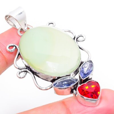 Prehnit, Granat Edelstein Handarbeit 925 Sterling Silber Schmuck Anhänger 2,76'' F03