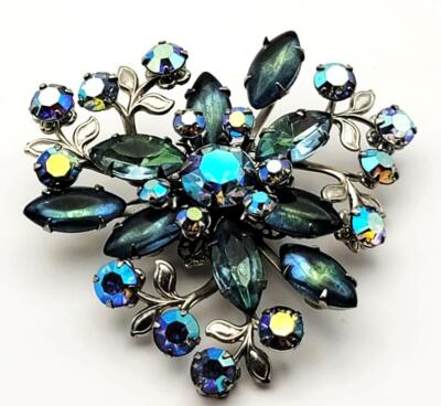 Vtg 50er Unsigned CORO Silberton Blau Aurora Borealis Rhinestones Anstecknadel