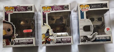 3 Funko Pops, The Invisible Man #608, The Hunter #862, The Chamberlain #863