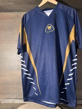 Rhinox Group RX Futbol Soccer Shirt Jersey Men's Large NAVY GOLD WHITE EUC SS