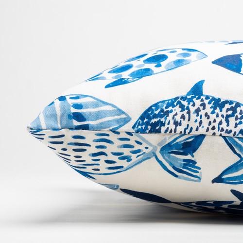 Tropical Nautical Fish Print XL Rectangular Cushion. Marine Blue & White. 23x15" - Picture 3 of 3