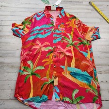 Farm Rio Shirt XS Red Tropical Palm Beach Cat Print Button Front Tunic Top FLAWS