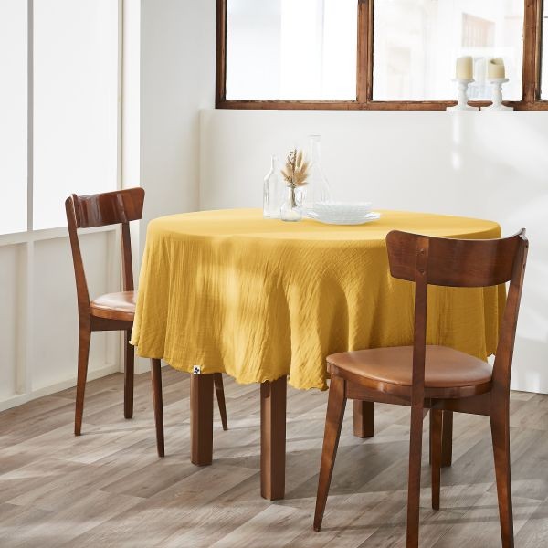 Nappe ronde 180 cm en coton gaufré safran sans repassage GAÏA