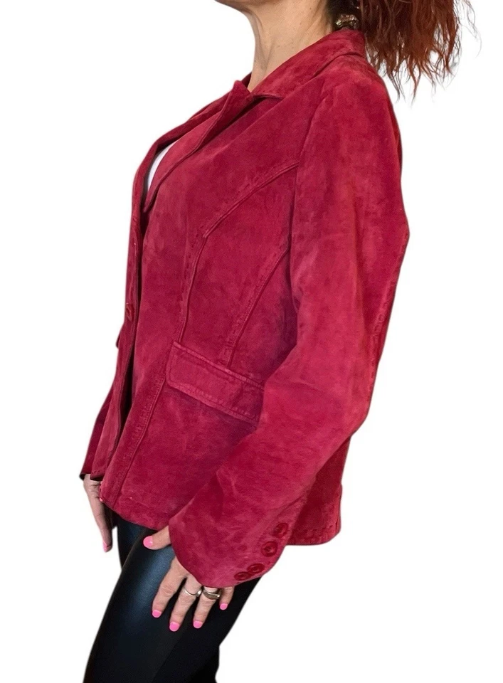 CHAQUETA BLAZER DE GAMUZA DE CUERO ROJO VINTAGE EXCLUSIVA DE NEIMAN MARCUS XL Foto 3 de 4