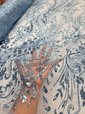 Sky Blue Glitter Lace Fabric by the Yard Glitter on Mesh For Prom Bridal Gown