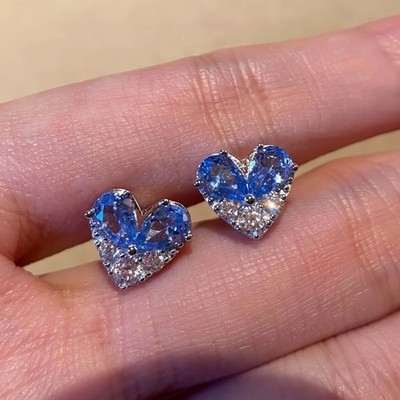 925 Sterling Silber Kristall Blau Herz Ohrstecker Schmuck Mädchen Frauen Geschenk