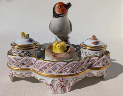 Herend Ink Well Hand Painted Bird Babies in Nest Hungary vintage Rothschild 