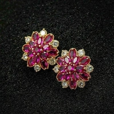 Oval Cut Lab-Created Red Ruby Women's Stud Flower Earring 14K Yellow Gold Plated